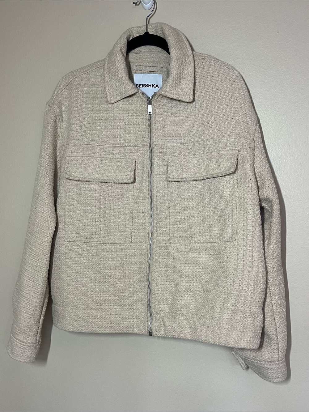 Bershka Cream Zip-Up Textured Knit Jacket